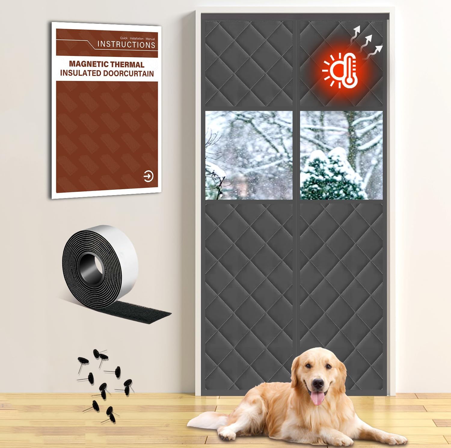 Insulated Door Curtain, 36"x82", Transparent Gray - Magnetic Thermal Cover for Winter, Keeps Warm Air In & Cold Air Out