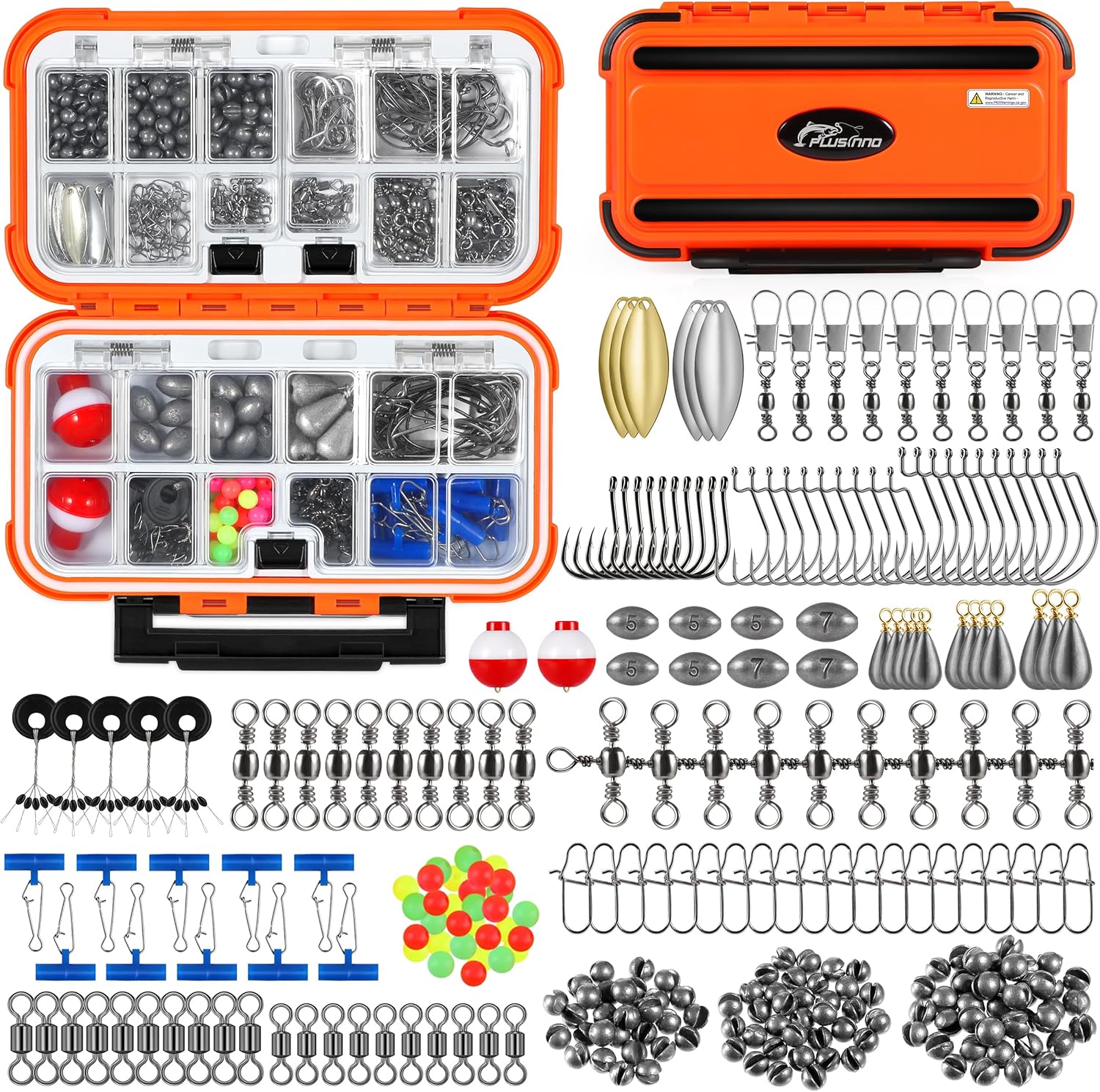 PLUSINNO 253/387pcs Fishing Gear Accessories Kit, Fishing Tackle Box with Tackle Included, Fishing Hooks, Fishing Weights Sinkers, Spinner Blade