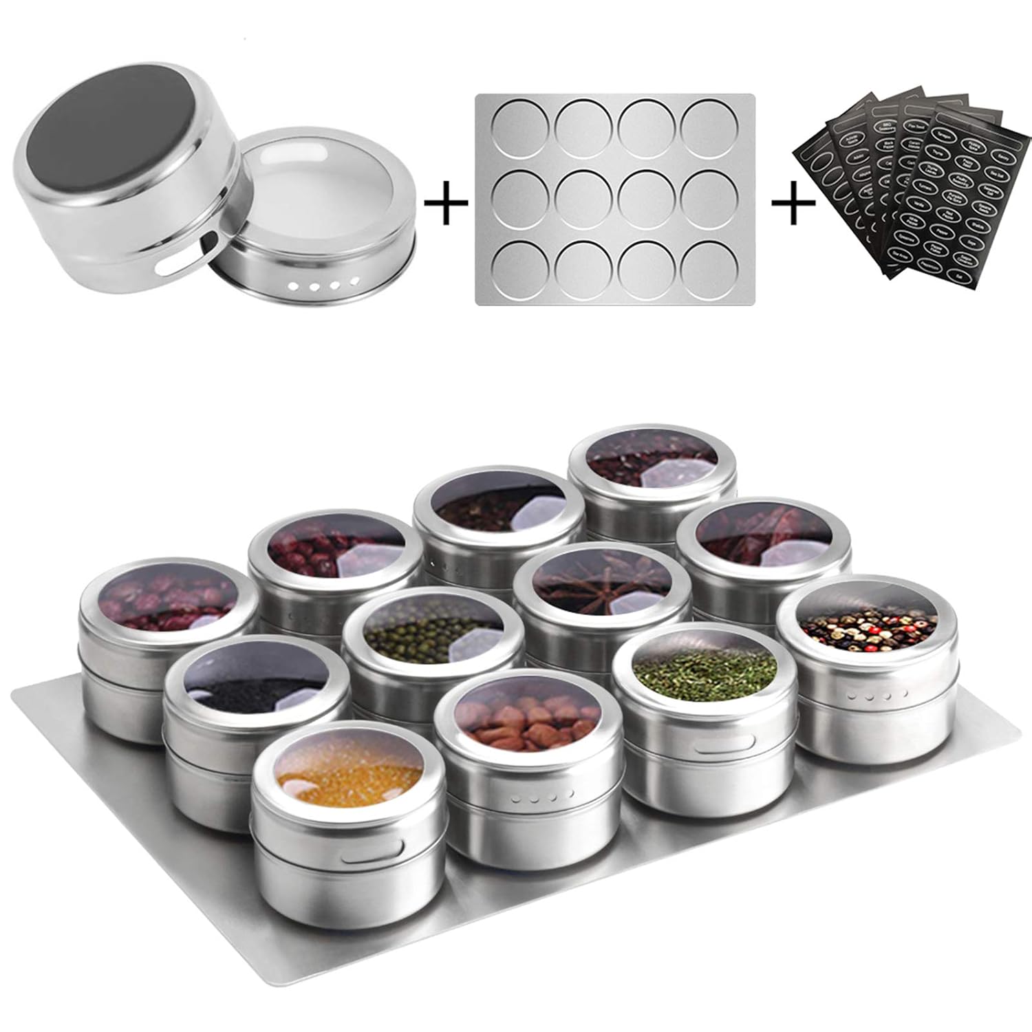 Magnetic Spice Jars with Wall Base, Stainless Steel and Dust-Proof Spice Jars with 120 Labels