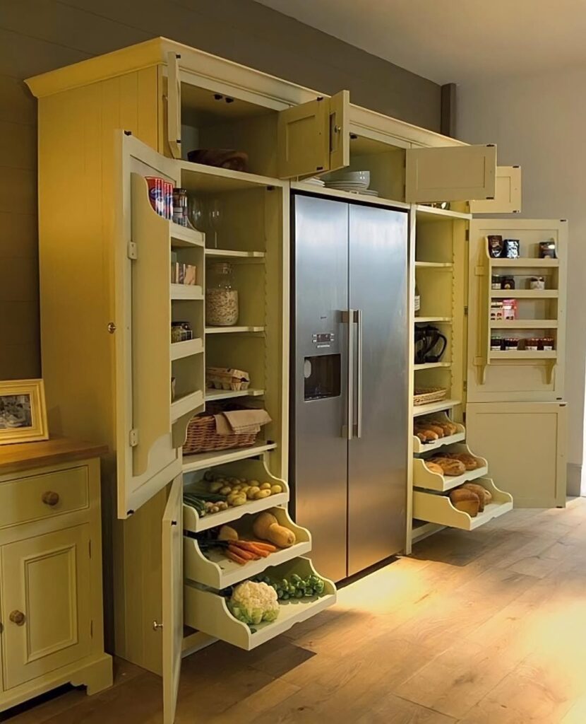 Utilize Above-the-Fridge Cabinets with Storage Bins